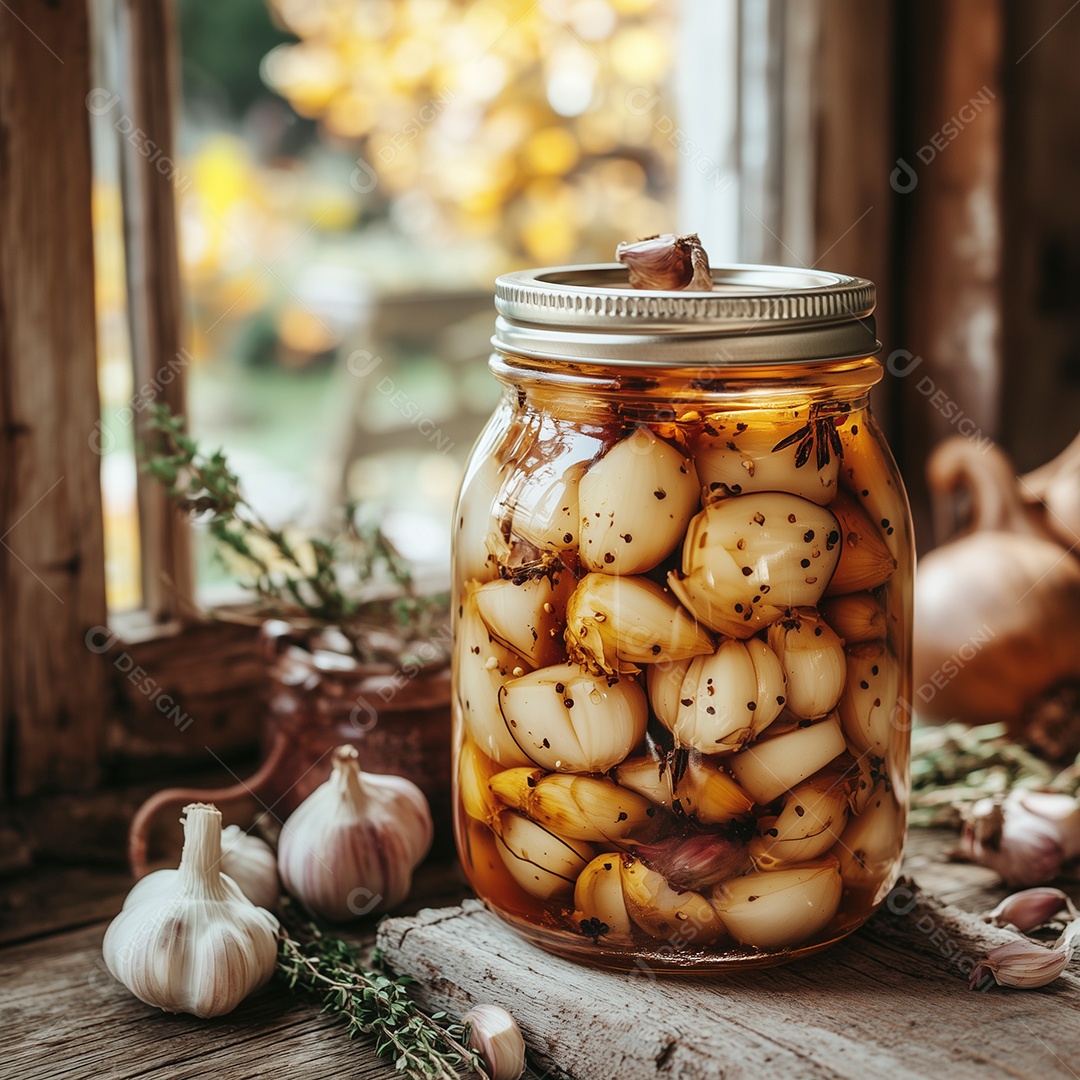 Alho com alecrim em conserva em pote de vidro sobre mesa de madeira