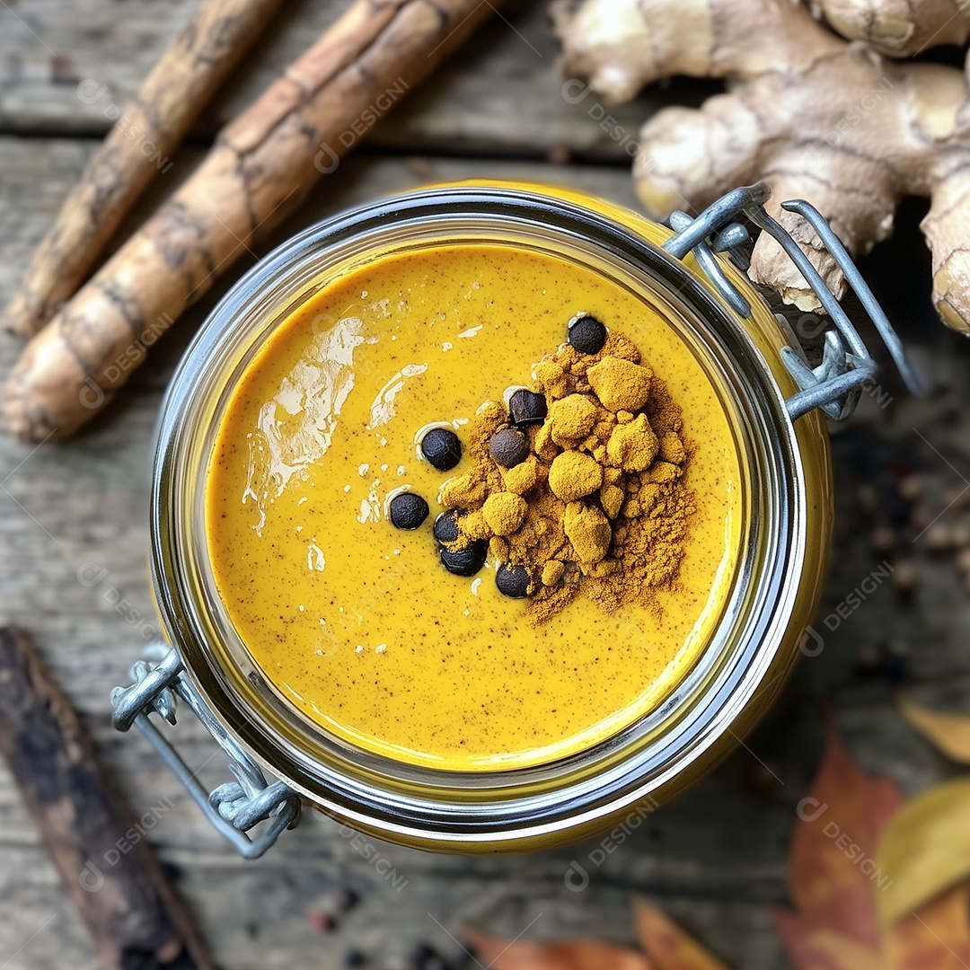 Lindo chá de asafrão com pimenta do reino em pote de vidro sobre mesa de madeira