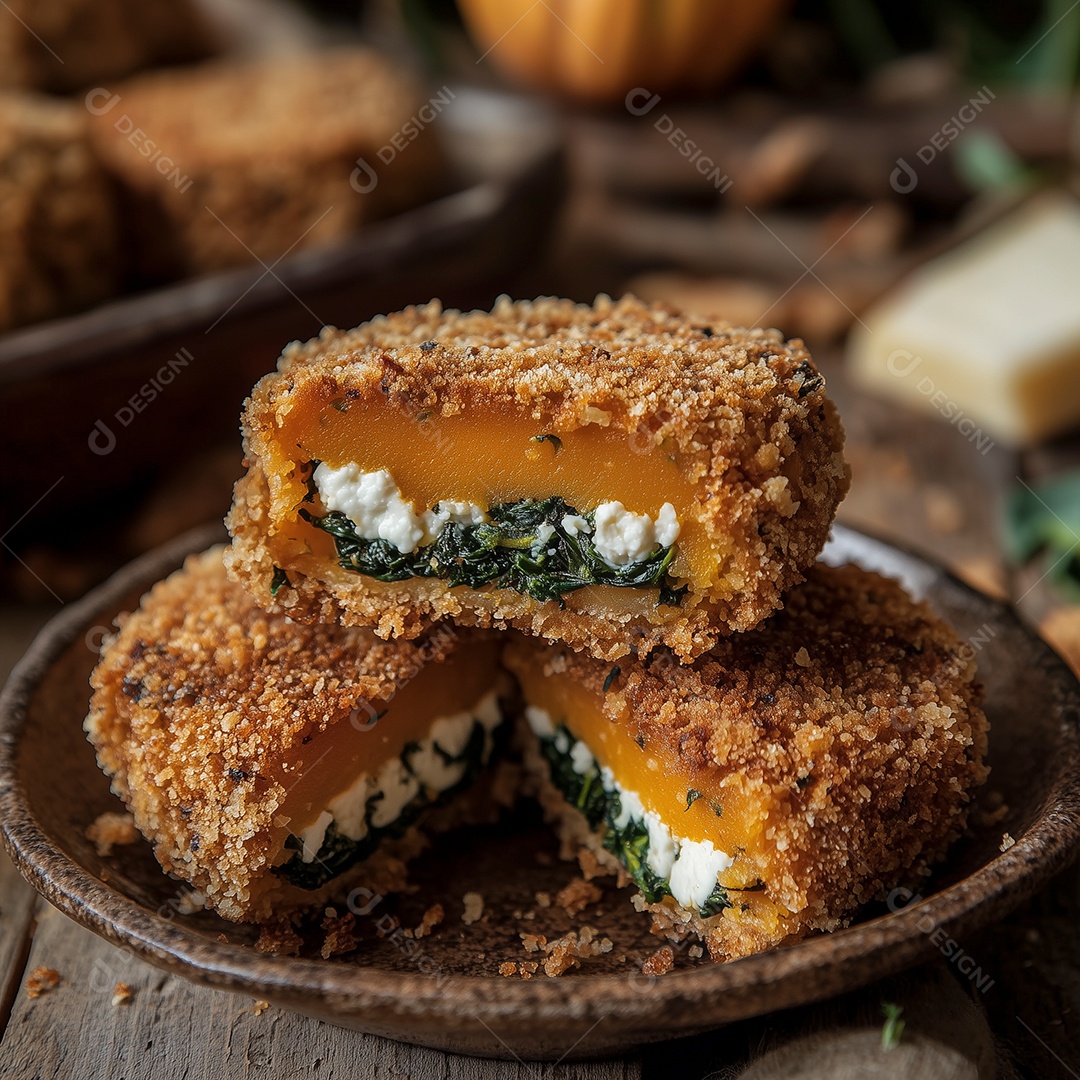 Lindos risoles com queijo coalho e salsa em prato sobre mesa de madeira