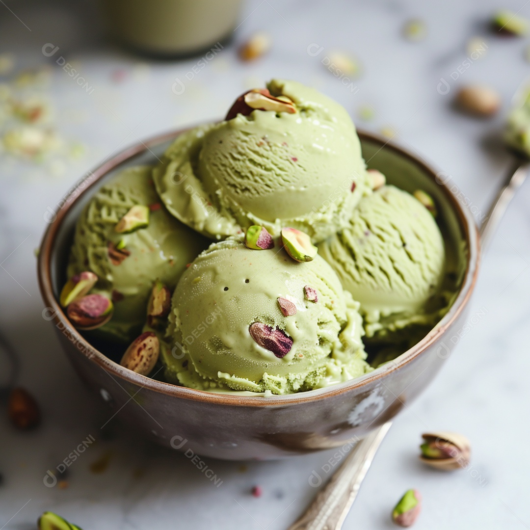 Delícioso sorvete de pistache em tijela sobre mesa de marmore