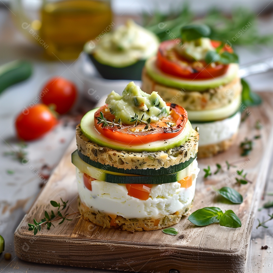 Delíciosa torrada com queijo coalho tomate pepino em tábua sobre mesa de marmore