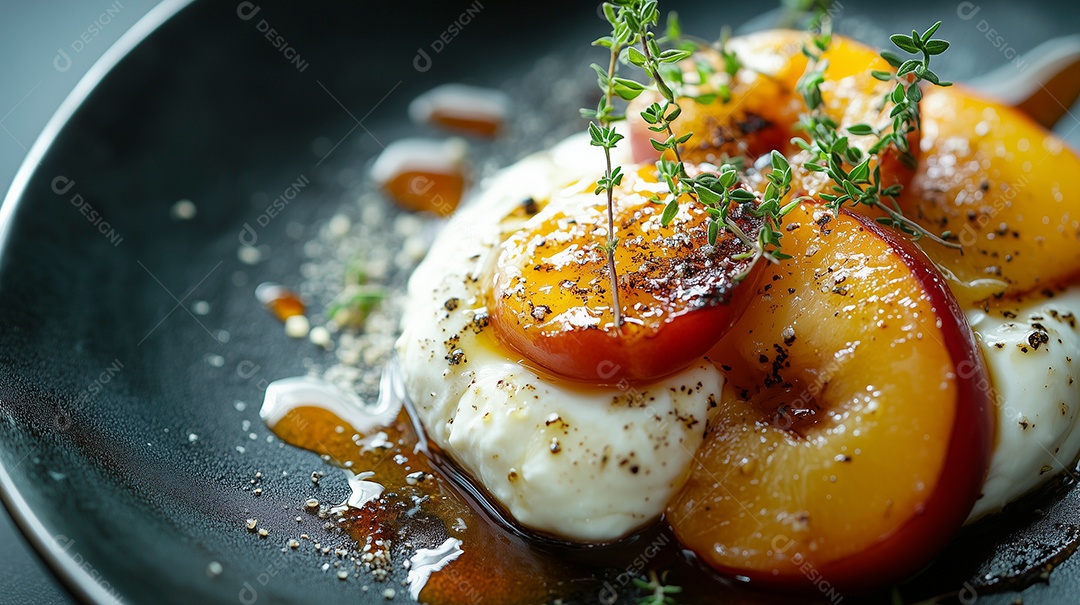 Queijo coalho com maçã caramelizada e alecrim em tijela sobre fundo isolado