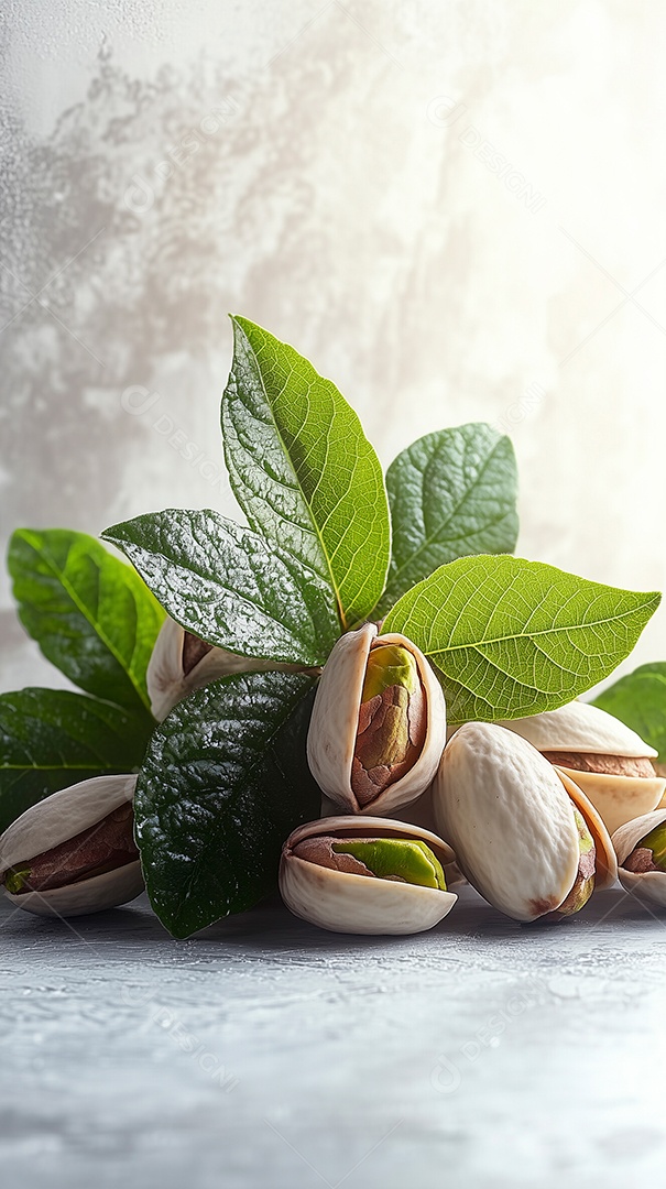 Lindas folhas e frutos de pistache sobre fundo isolado