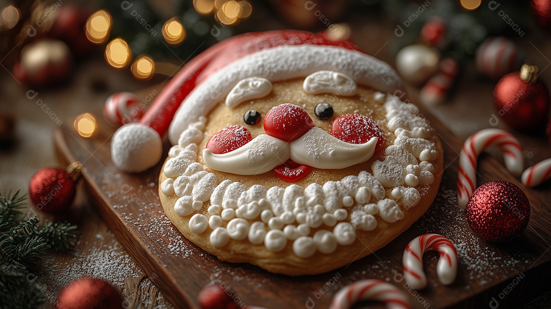 Lindo biscoito em forma de papai noel ao redor de enfeites natalino sobre mesa de madeira