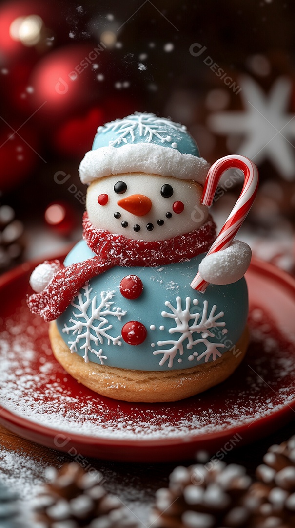 Lindo pãozinho em forma de boneco de neve natalino em prato sobre mesa de madeira