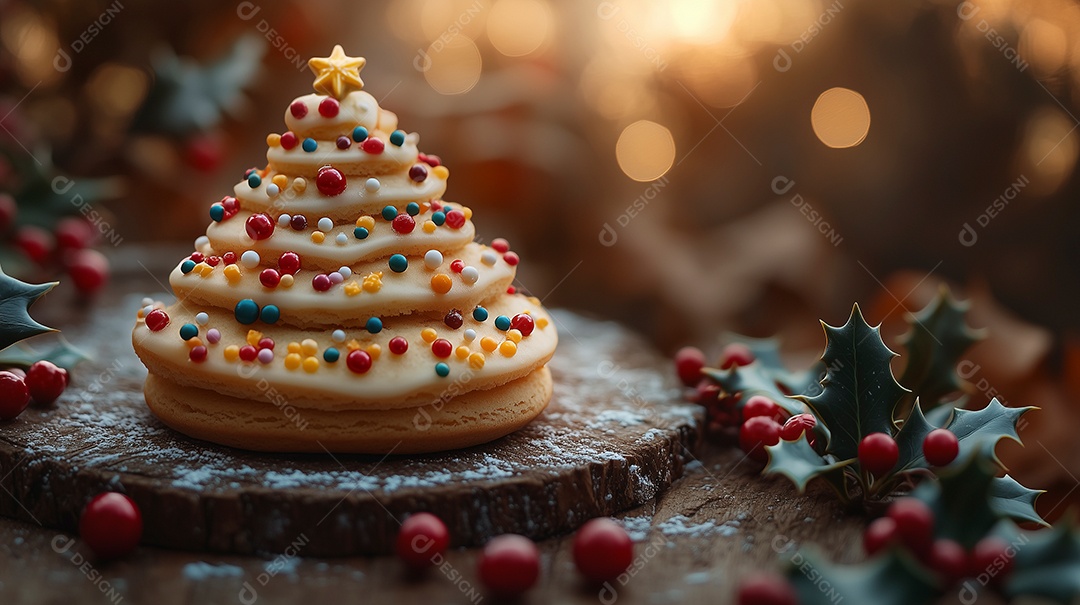 Lindo bolinho em forma de árvore de natal em tábua de madeira sobre mesa de madeira