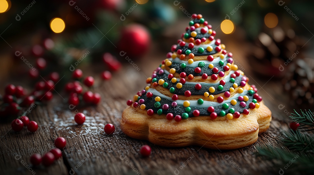 Lindo bolinho em forma de árvore de natal em tábua de madeira sobre mesa de madeira