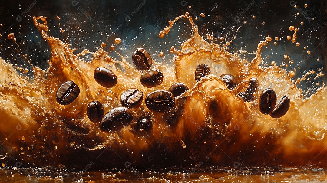 Lindos grãos de café caindo sobre café líquido