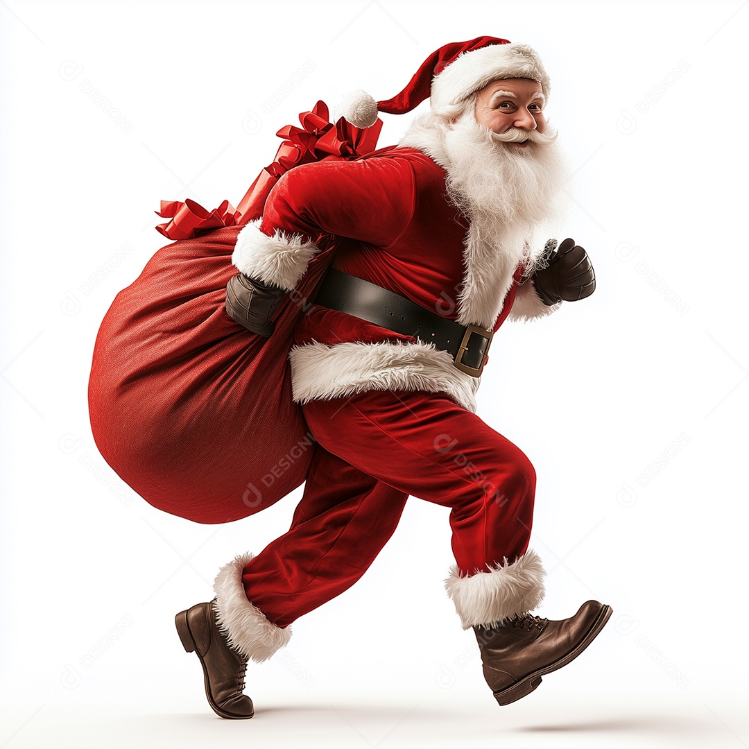 Lindo papai noel correndo com saco de presente sobre fundo branco isolado