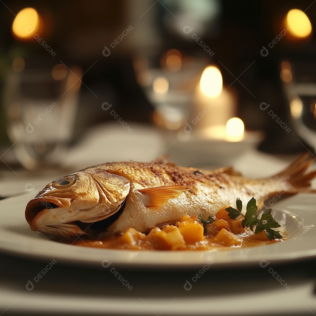 Delícioso peixe grelhado em prato sobre fundo isolado