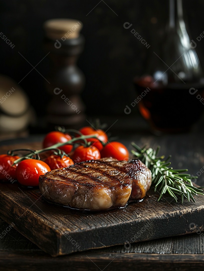 Belo filé de carne ao ponto com alecrim e tomate em tábua de madeira sobre mesa de madeira