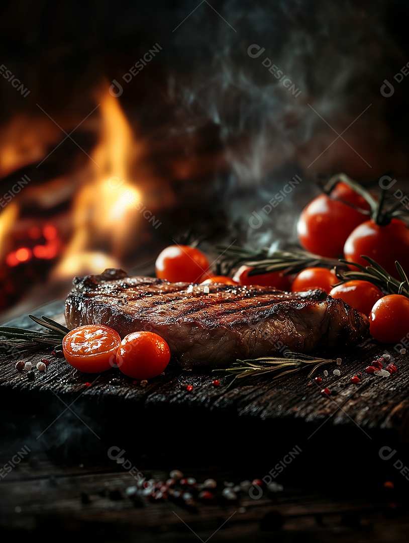 Belo filé de carne ao ponto com alecrim e tomate em tábua de madeira sobre mesa de madeira