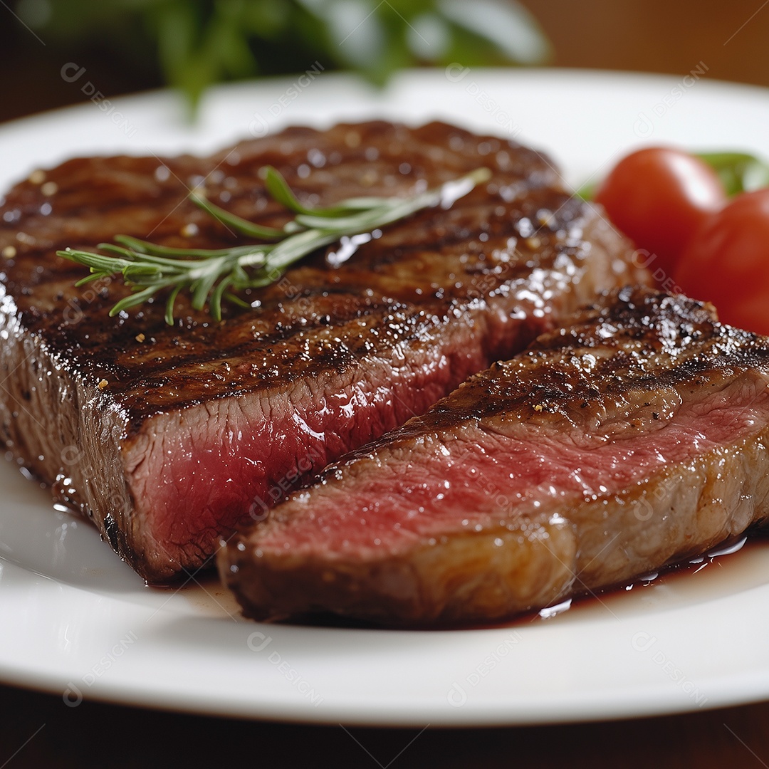 Belo filé de carne mal passada com alecrim e tomate em prato sobre mesa de madeira