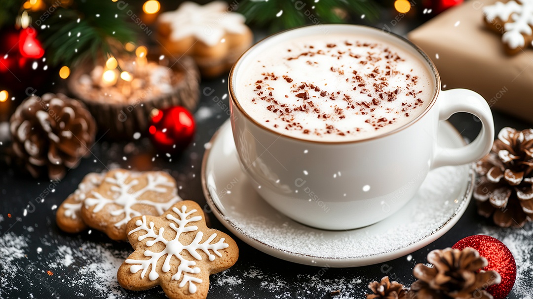 Belo cappuccino com canela e biscoito sobre cénario natalino