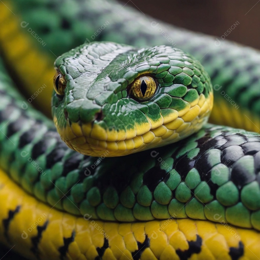 Linda cobra com coloração perfeita verde amarelo e preta sobre fundo desfocado