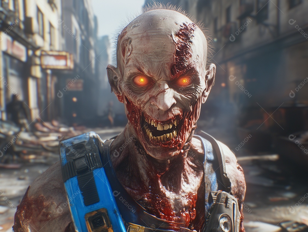 Zumbi com cara disfigurada sobre fundo desfocado