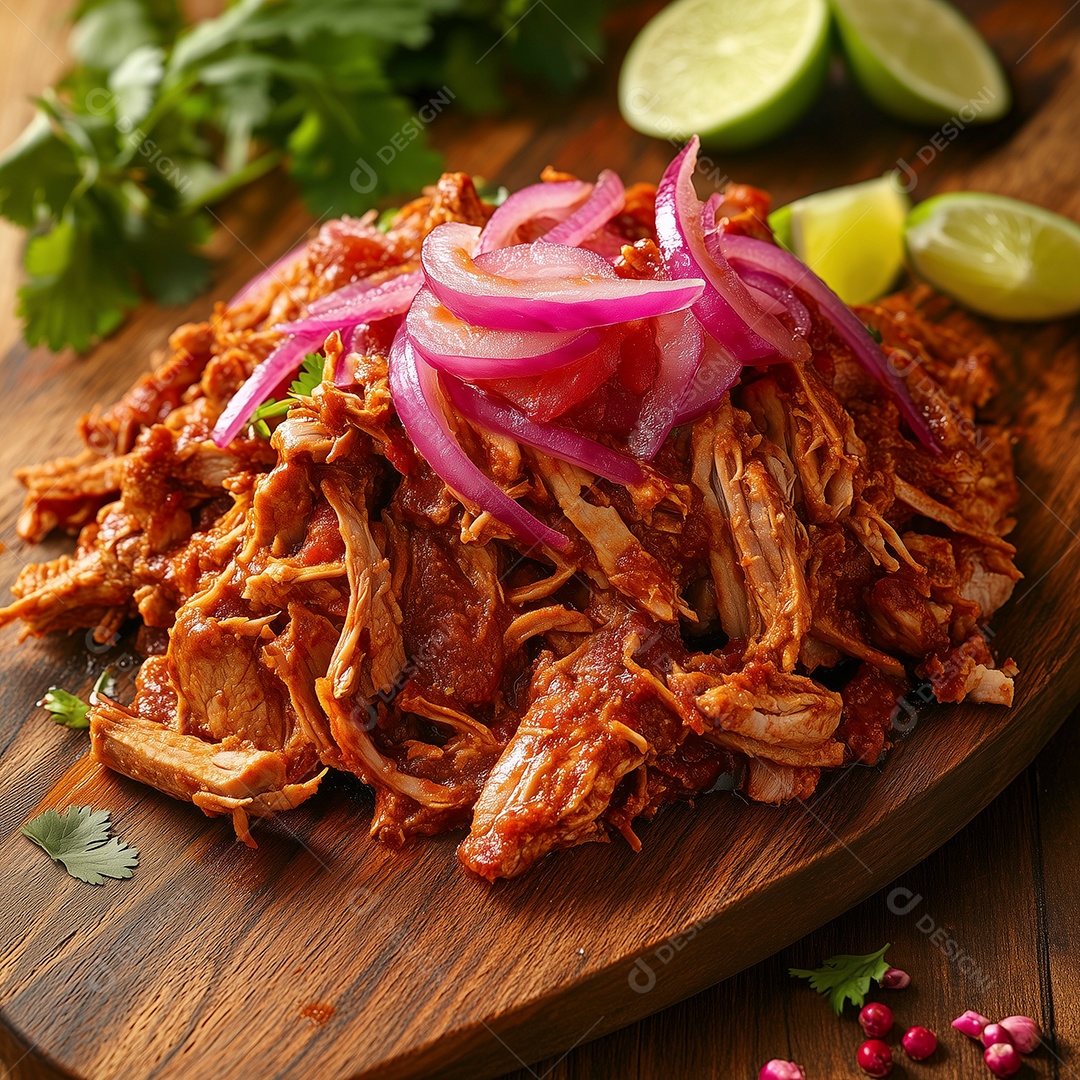 Bela carne desfiada com cebola roxa limão e salsa em tábua sobre mesa de madeira