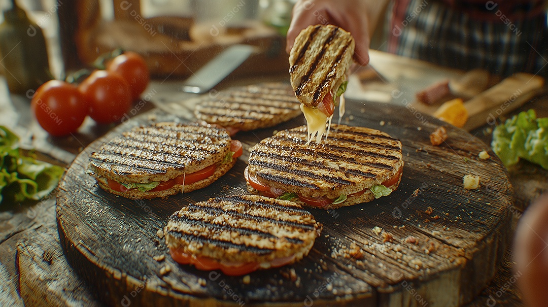 Belos hamburguer recheado em tábua sobre mesa de madeira