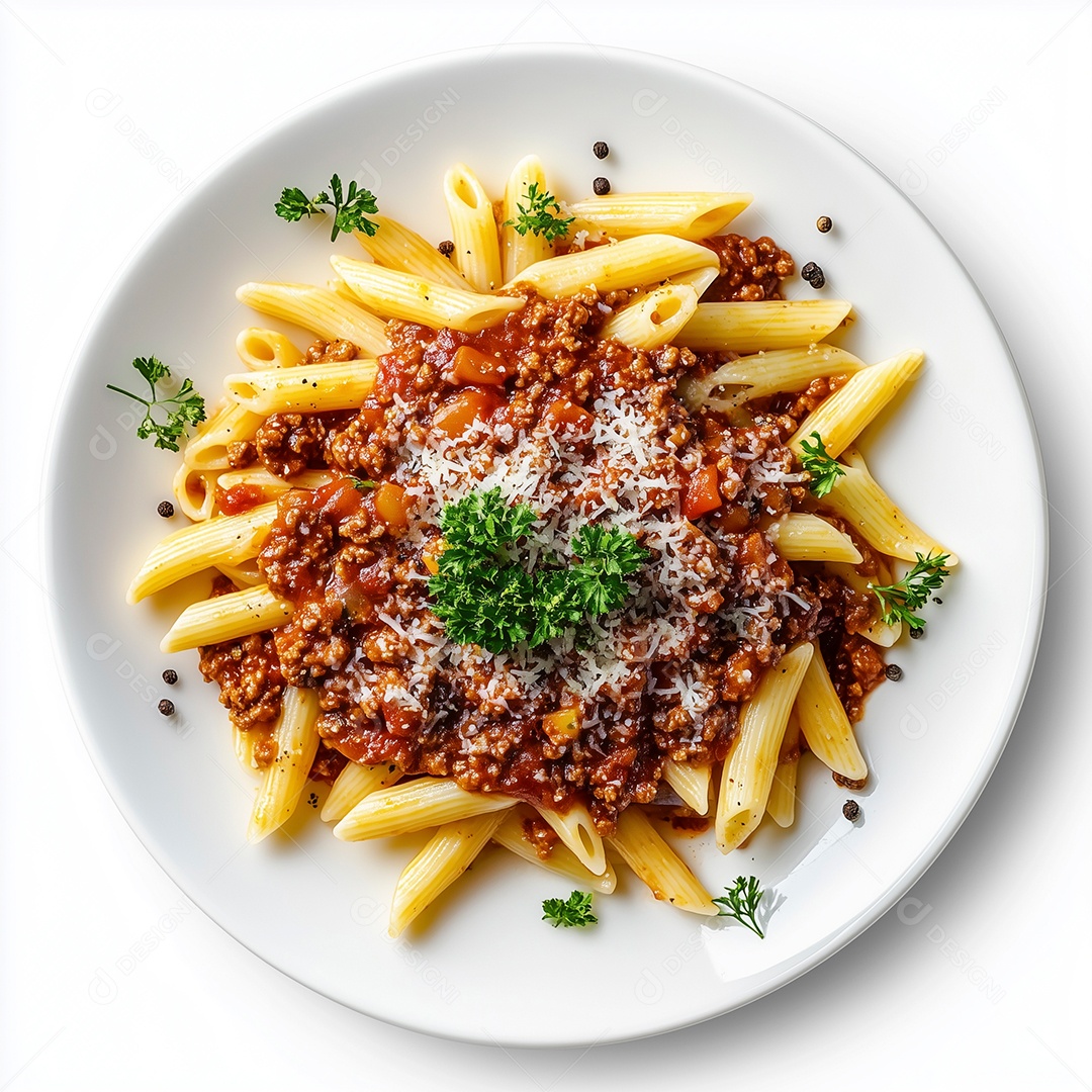 Lindo esparguete com carne moida e salsa em prato branco sobre fundo branco isolado