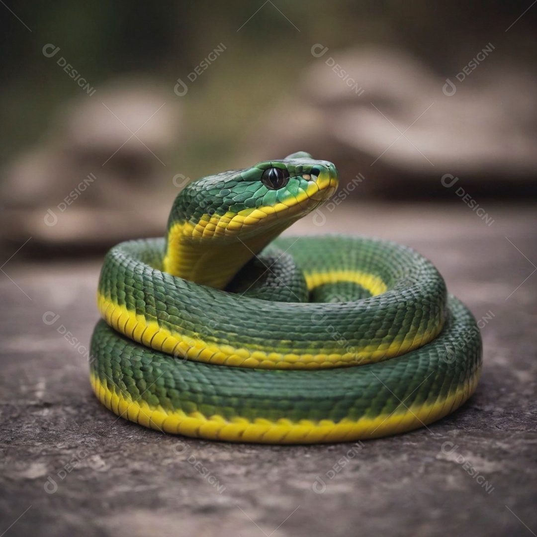 Linda cobra com coloração perfeita verde e amarela sobre fundo desfocado