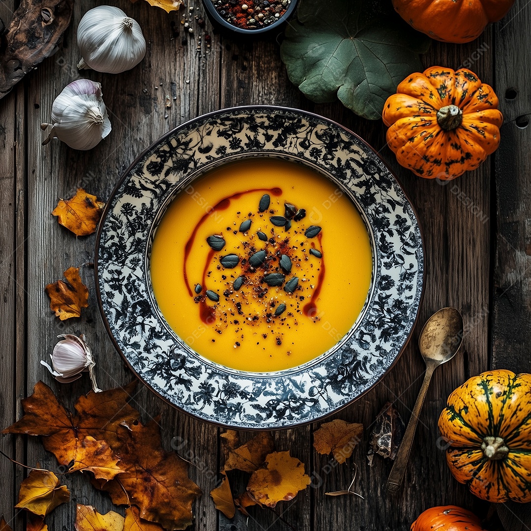 Bela sopa de abóbora com alho e grãos em prato sobre mesa de madeira