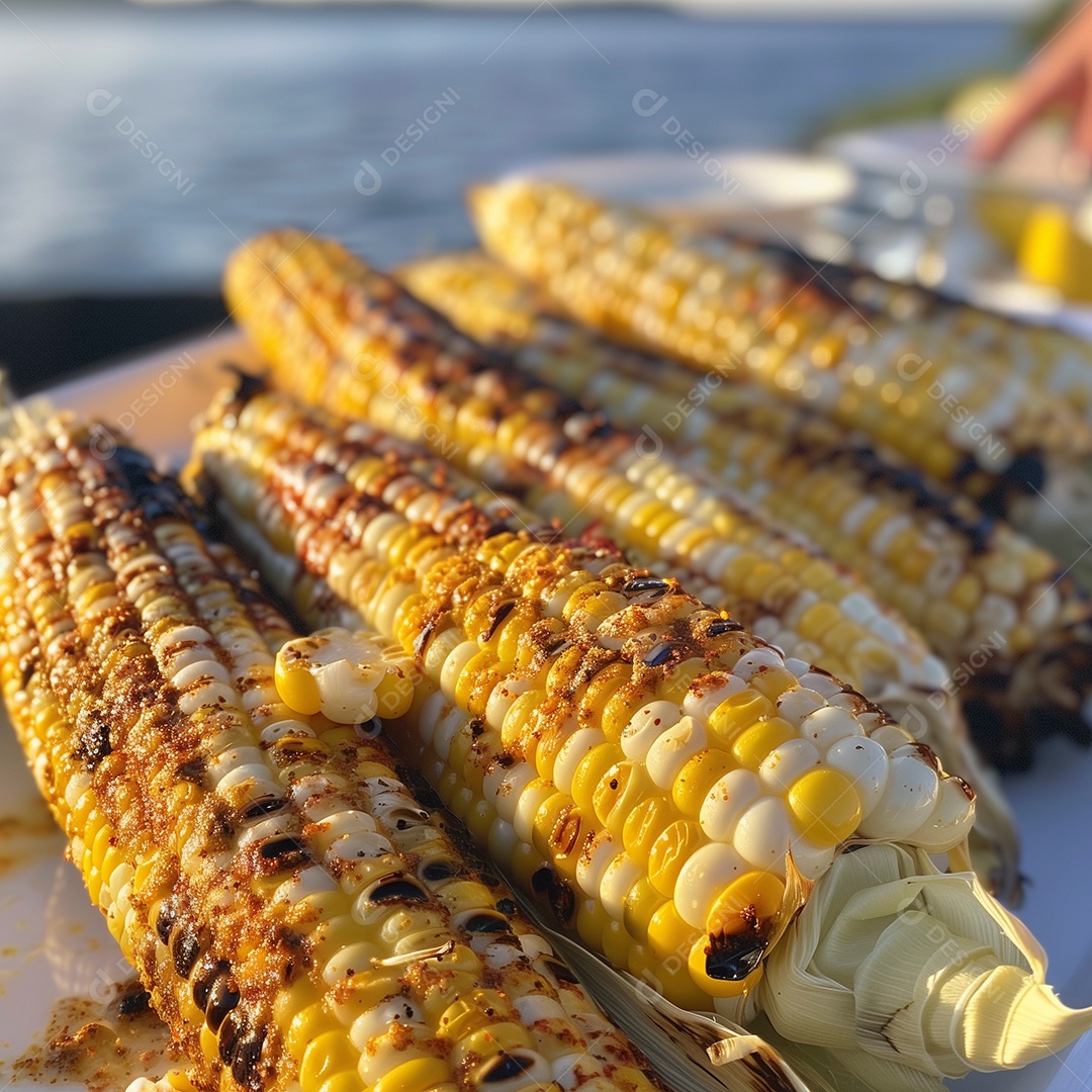 Lindos milhos grelhados sobre mesa de madeira