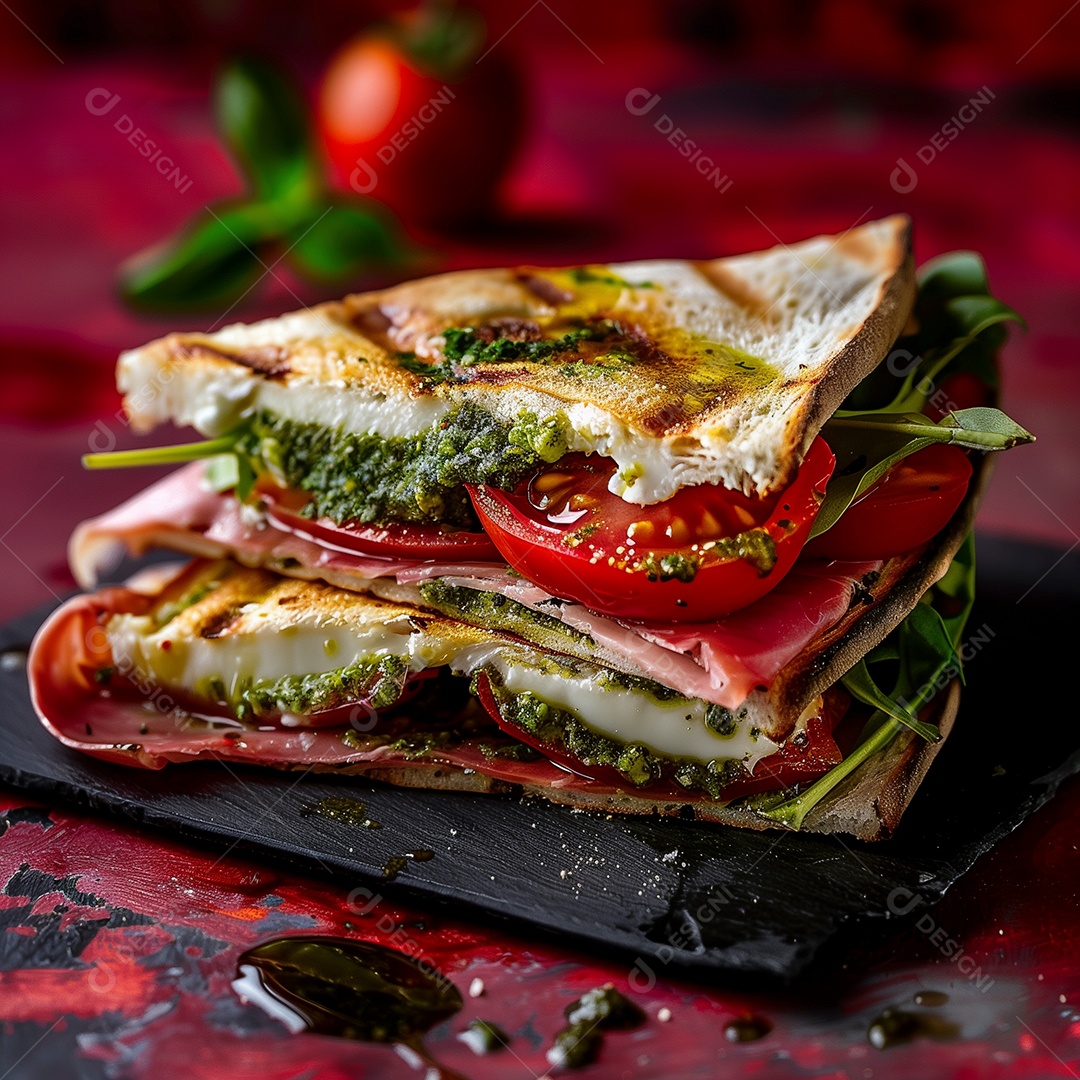 Belo hamburguer recheado sobre fundo desfocado