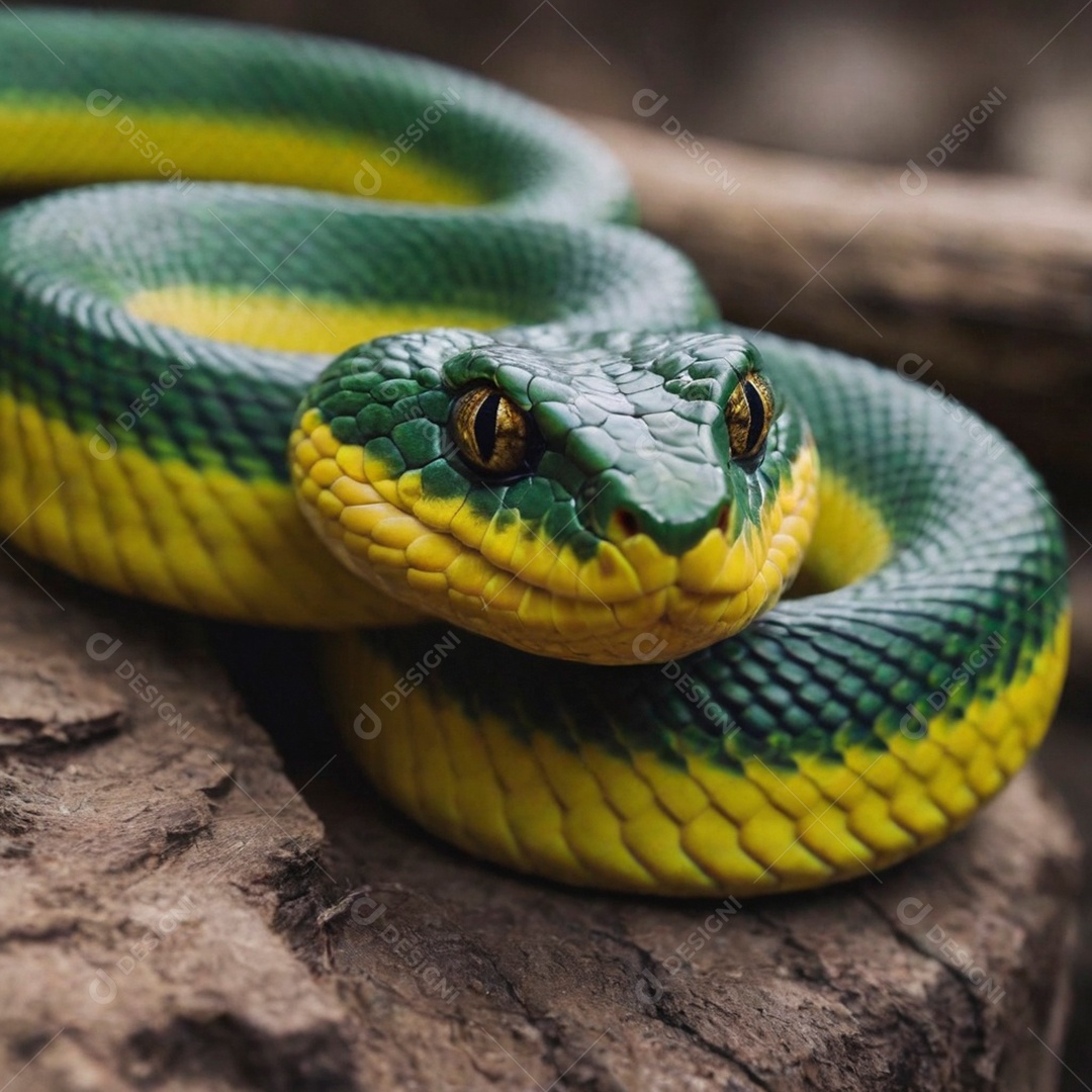 Linda cobra com coloração perfeita verde amarela sobre fundo desfocado