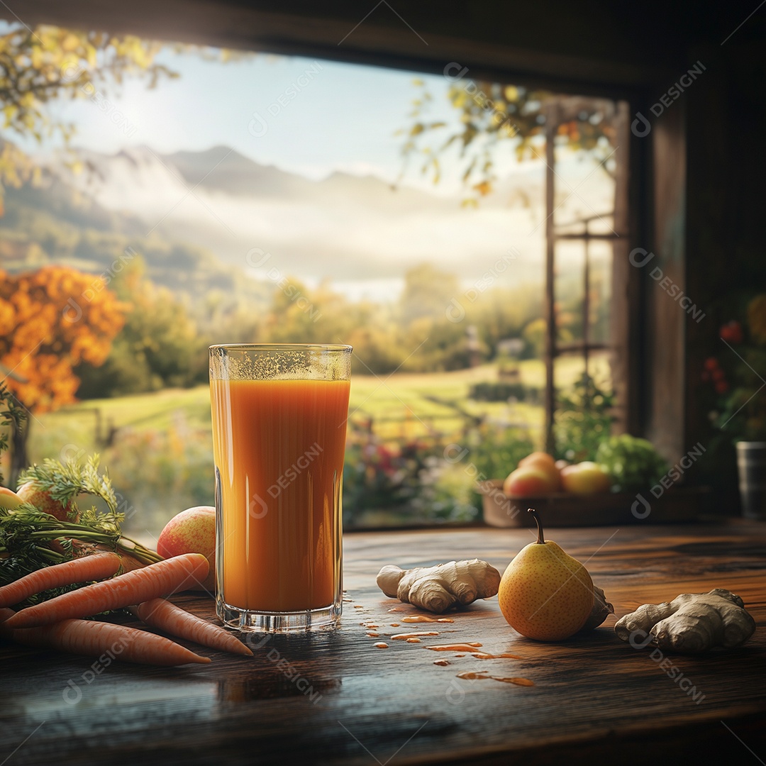 Linda vitamina de cenoura salsa pêra e gengibre sobre mesa de madeira