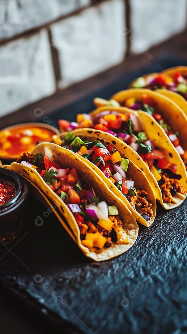 Delíciosos tacos e molho sobre mesa de madeira