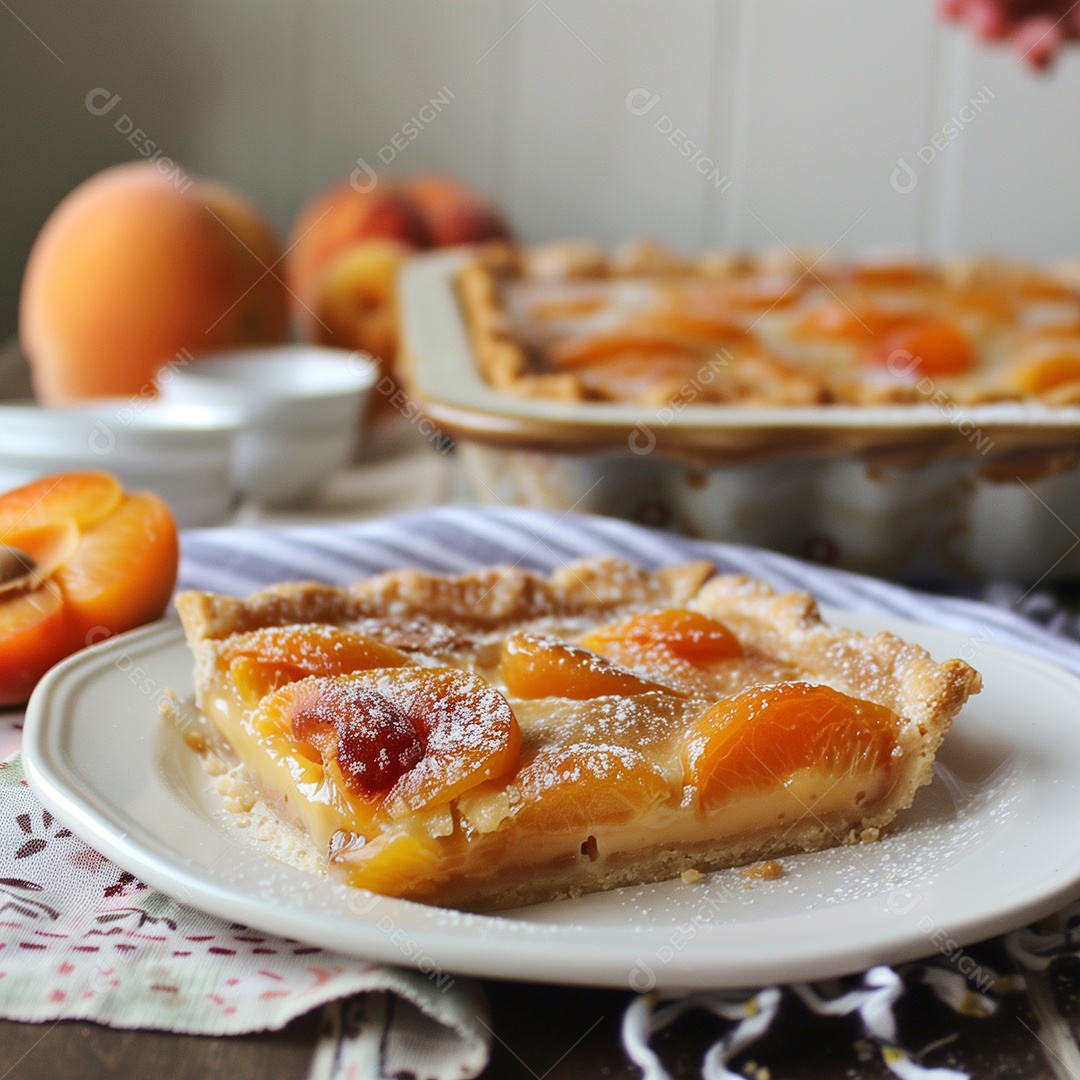 Delíciosa torta de pêssego em prato sobre mesa de madeira