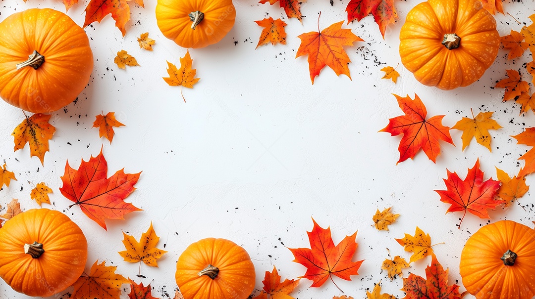 Visão ampla de abóbora e folhas secas sobre fundo branco isolado