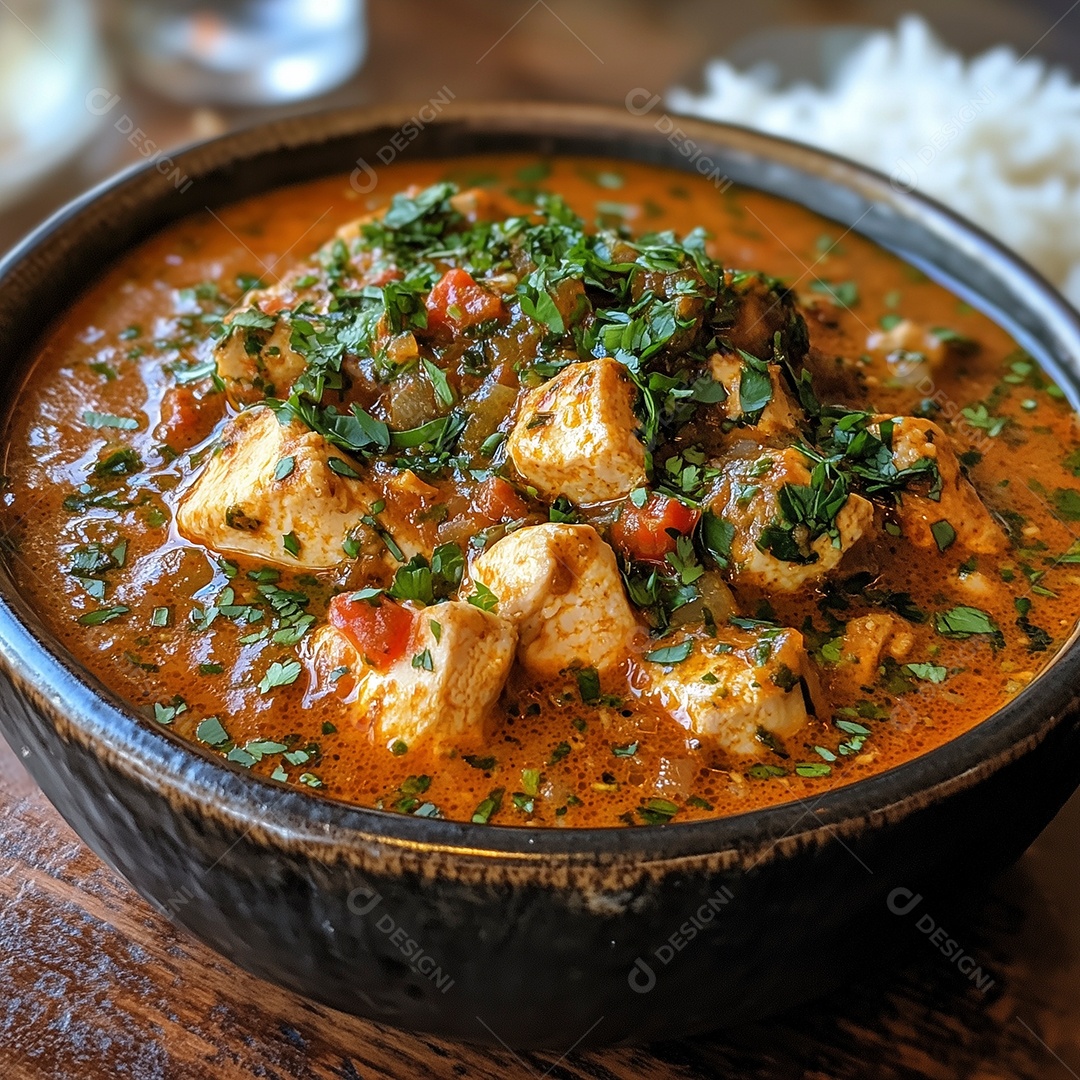 Frango ao curry com maçã em panela sobre mesa de madeira