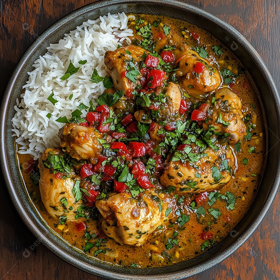 Bela panelada de arroz com frango ao molho pimenta e salsa em panela sobre mesa de madeira