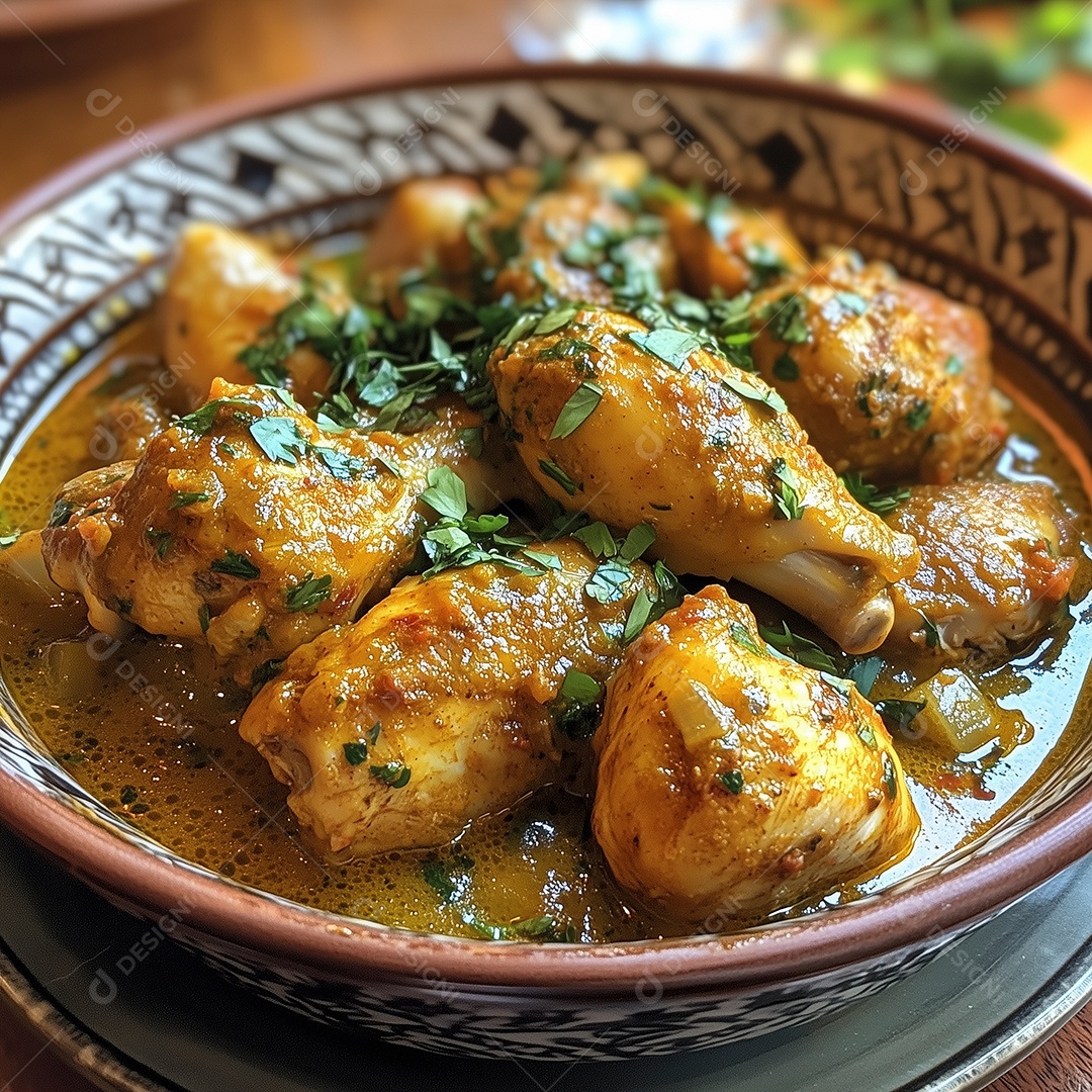 Belo frango ao molho com salsa em prato sobre mesa de madeira