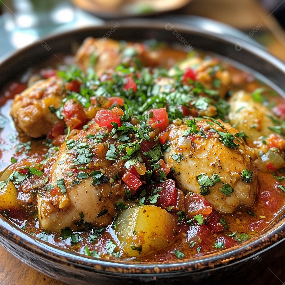 Delícioso frangro ao molho com salsa e tomate picado em panela sobre mesa de madeira