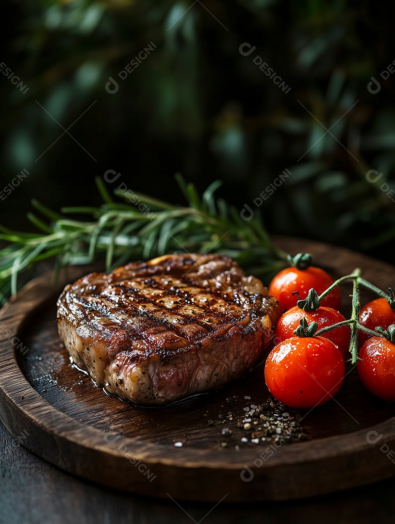Belo filé de carne ao ponto com alecrim e tomate em tábua de madeira sobre mesa de madeira