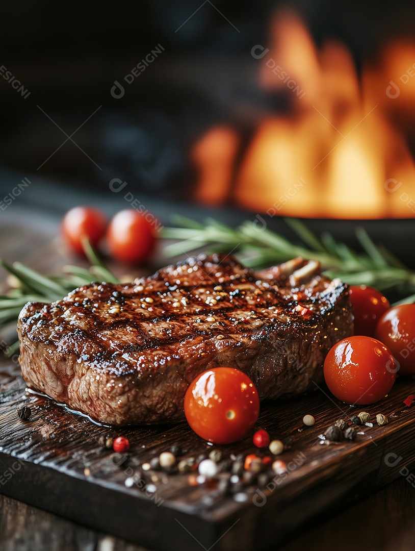 Belo filé de carne ao ponto com alecrim e tomate em tábua de madeira sobre mesa de madeira