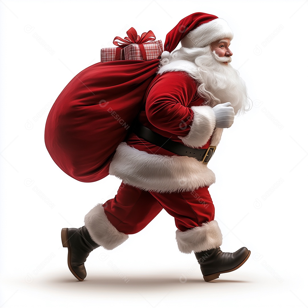 Lindo papai noel correndo com saco de presente sobre fundo branco isolado
