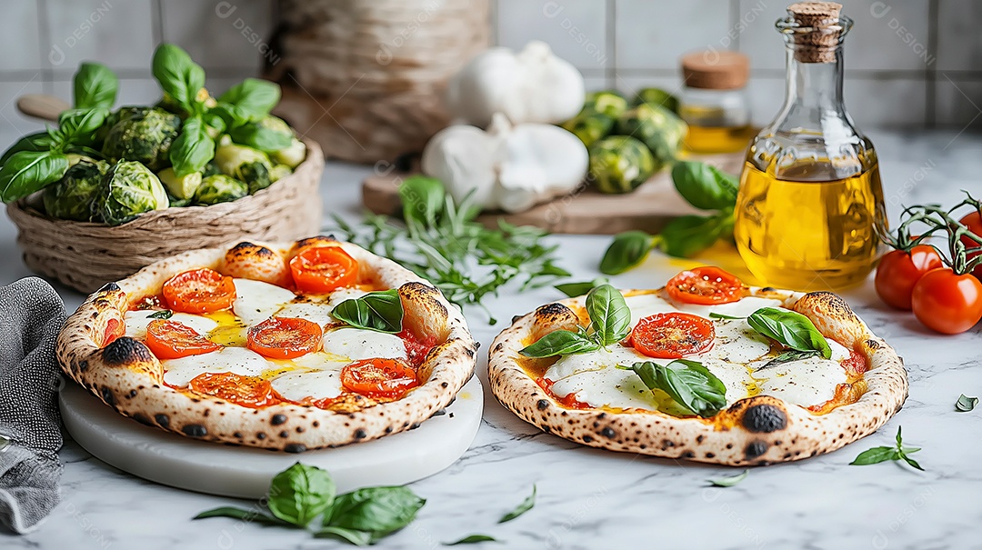 Delíciosas pizzas quatro queijo sobre mesa de marmore