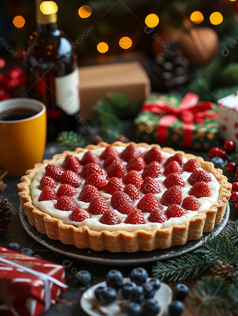 Bela torta de morango em bandeija sobre mesa de marmore