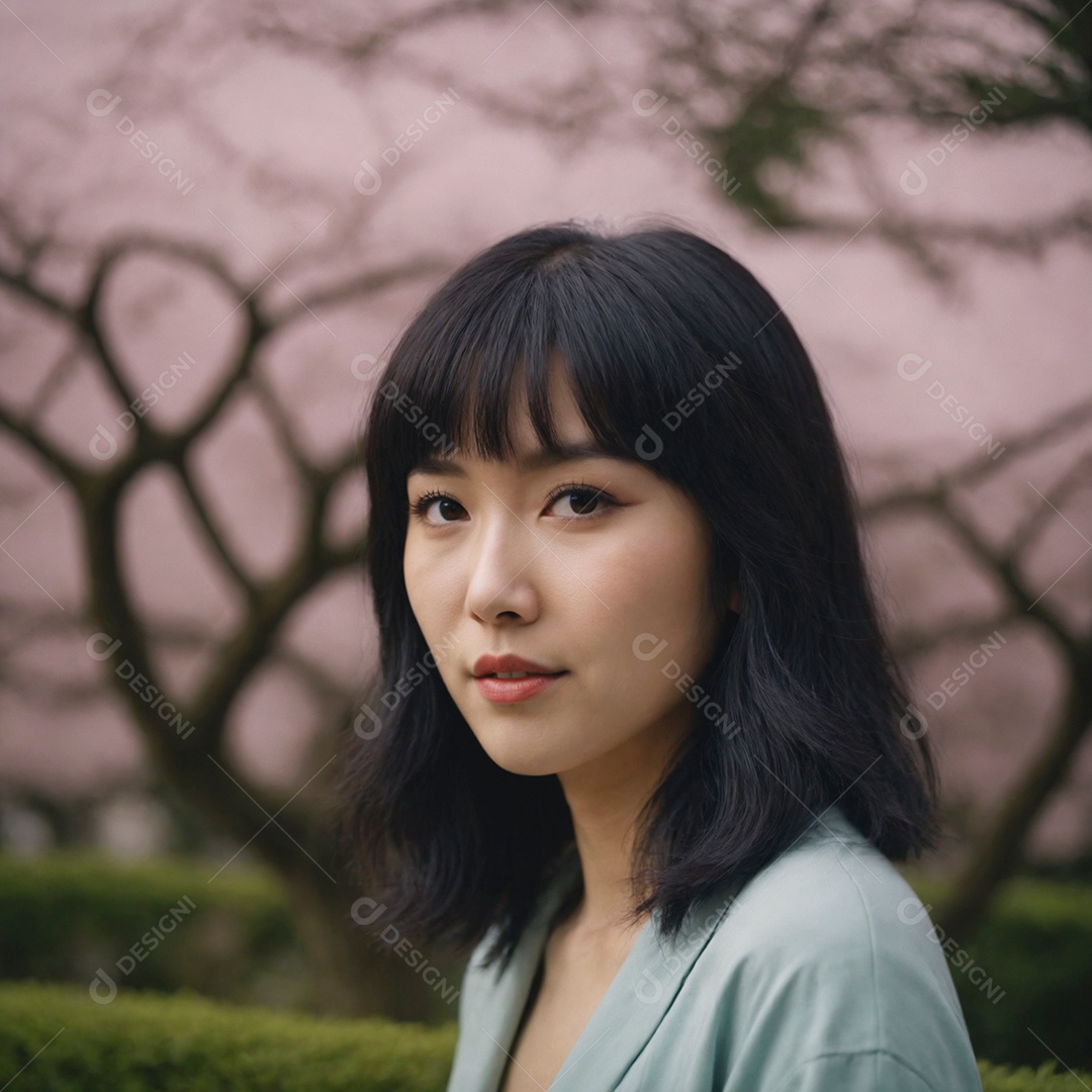 Linda mulher asiática de cabelo curto sobre fundo desfocado