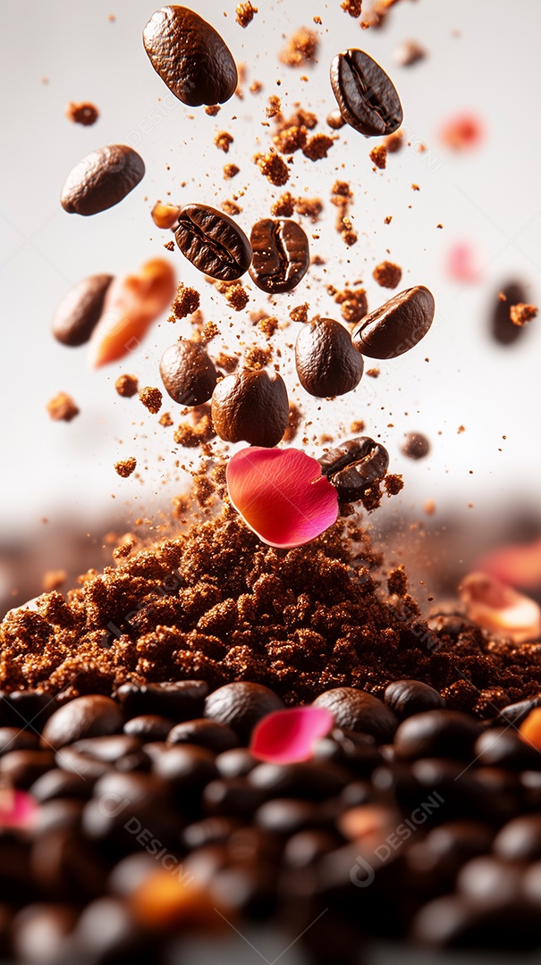 Linda explosão de grãos de café sobre fundo branco isolado