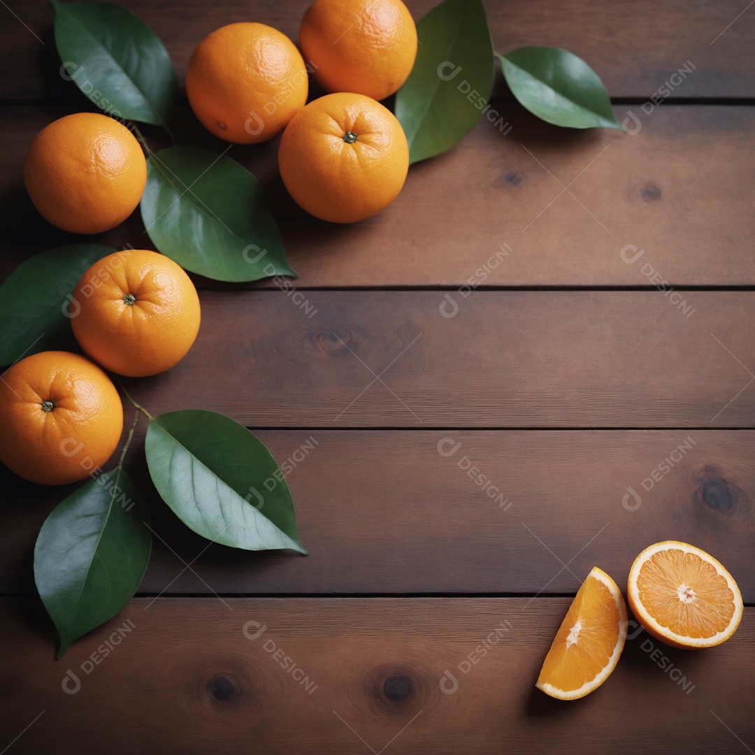 Belas laranjas e folhas verdes sobre chão de madeira