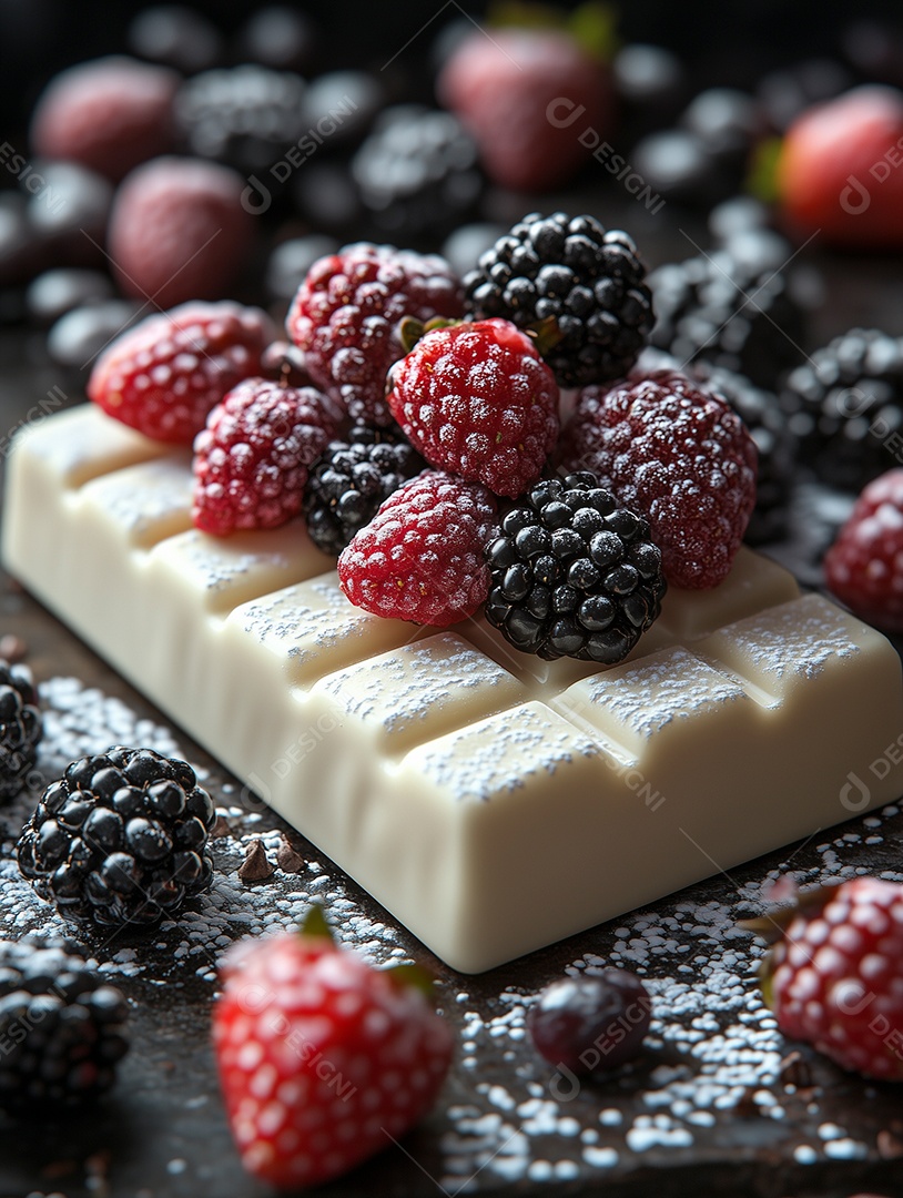 Linda barra de chocolate branco com amoras por cima sobre fundo desfocado