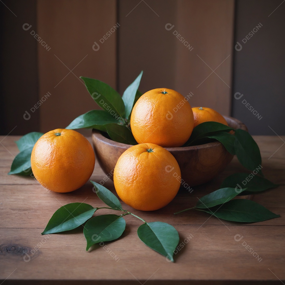 Lindas laranjas ao lado de folhas verdes sobre mesa de madeira