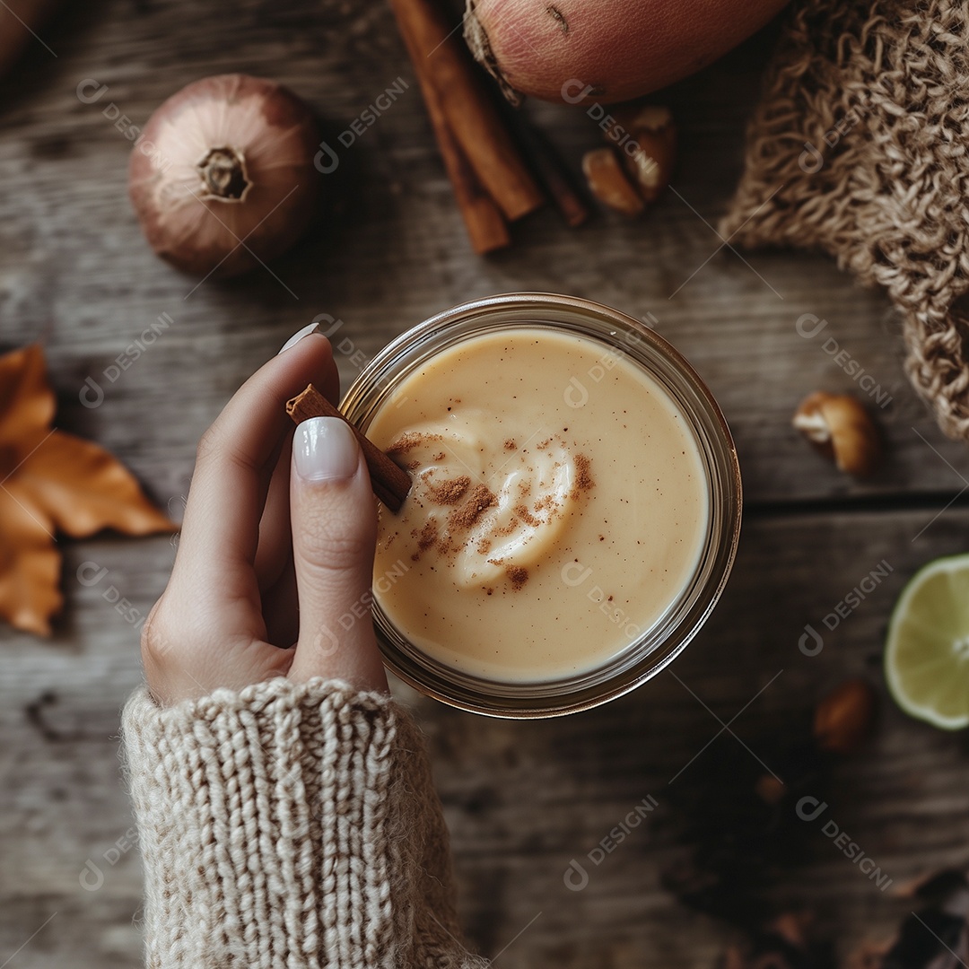 Mão de mulher segurando pote de vidro com pasta de cebola limão e canela sobre mesa de madeira