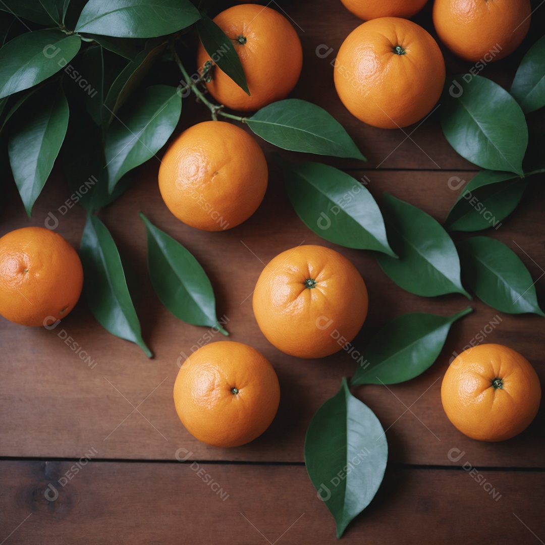 Belas laranjas e folhas verdes sobre chão de madeira