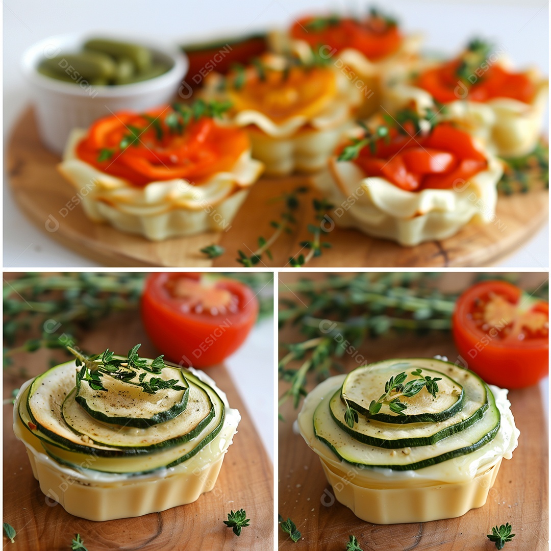 Belas tortas de pepino tomate e alecrim em tábua de  madeira sobre fundo branco isolado