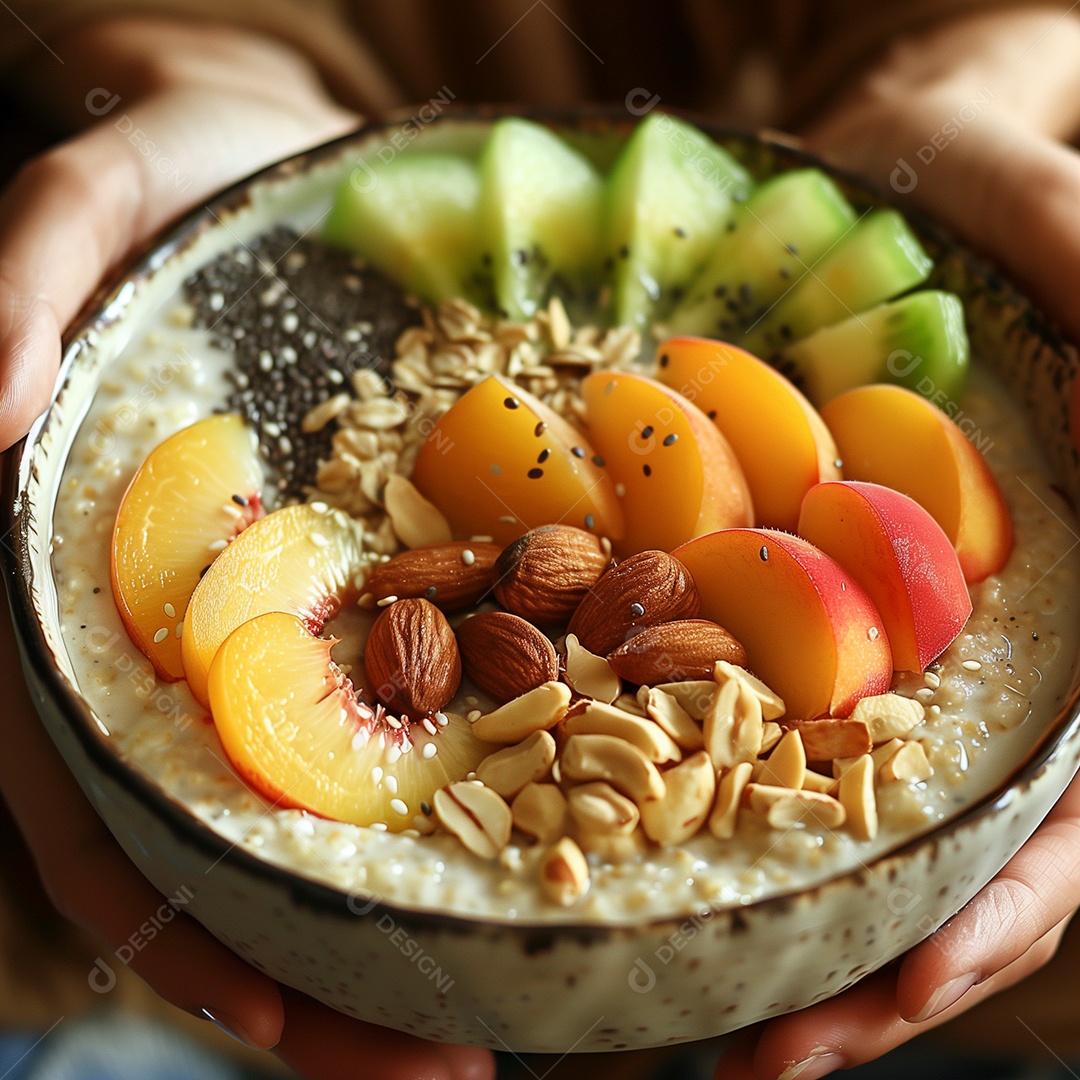 Linda tijela com avéia frutas frescas e grãos sobre mão de pessoa